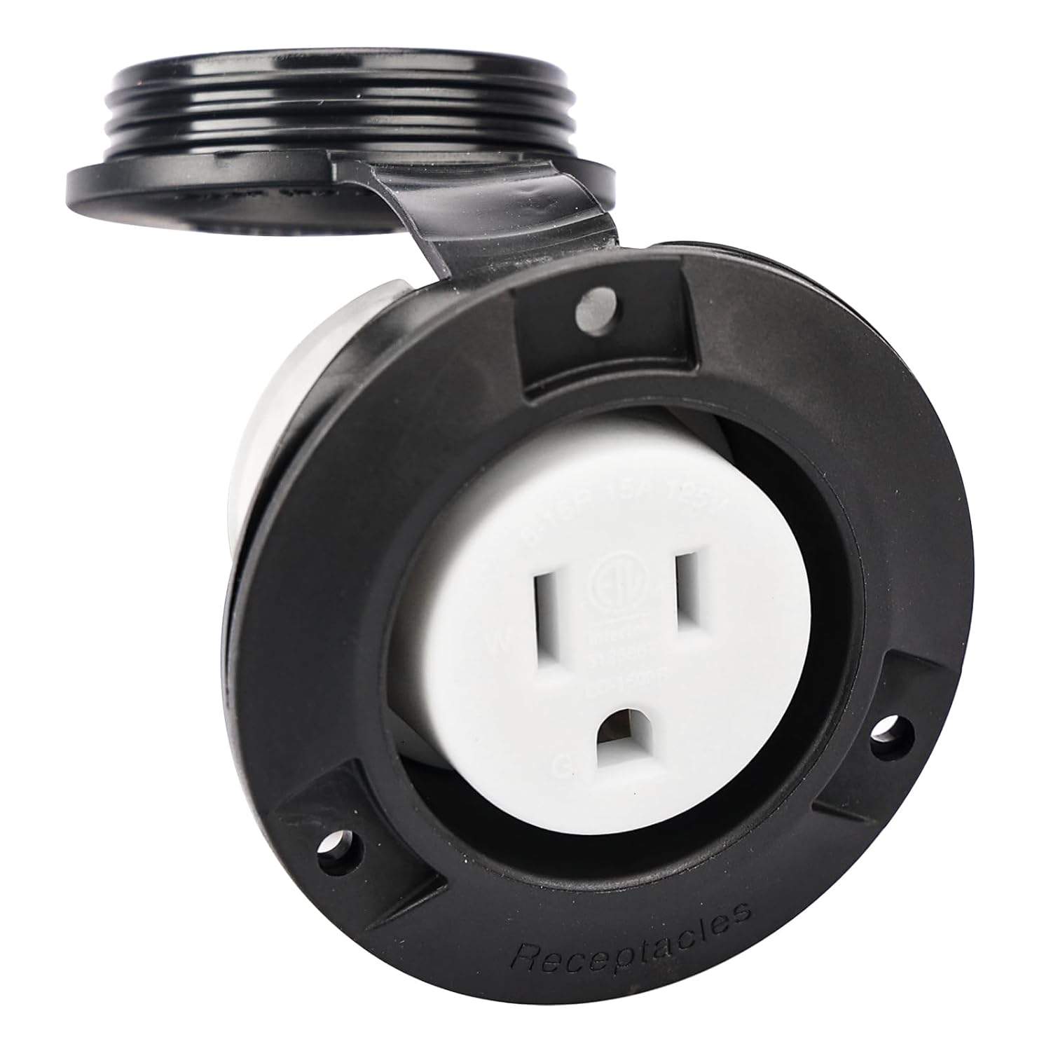 White 15A 125V Flanged Power Outlet – Single Receptacle, Indoor/Outdoor Use For RV, Marine, Trailer